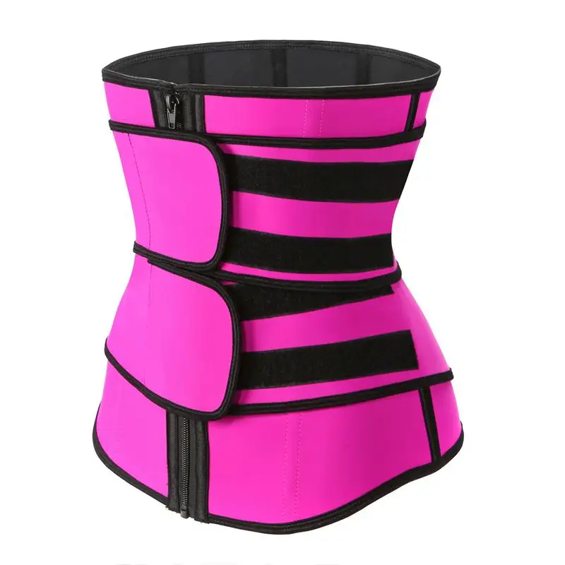 Fashion Pink Black Double Compression Belt And Zipper Women Workout 9 Bones Slimming Tummy Latex Waist Trainer Cincher Corset
