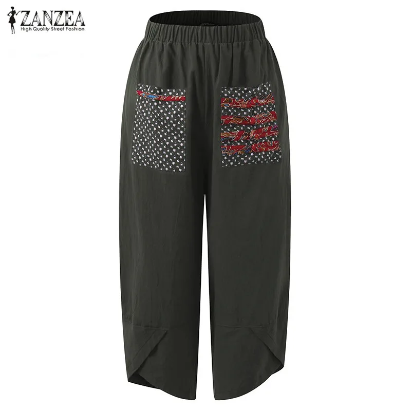 

2021 ZANZEA Summer Linen Cotton Harem Pants Casual Loose Long Trousers Baggy Pantalon Women Elastic Waist Retro Print Plus Size