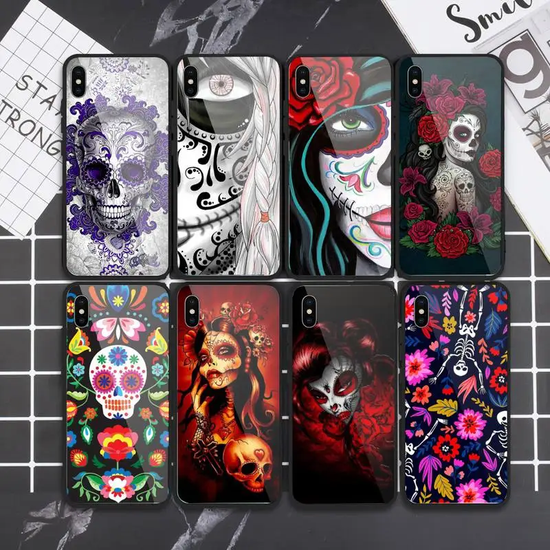 

Mexican Skull Girl Tattooed Art Phone Case for iphone 13 12 XS 11 pro max mini 6 6s 7 8 plus SE2020 X XR Tempered glass cases