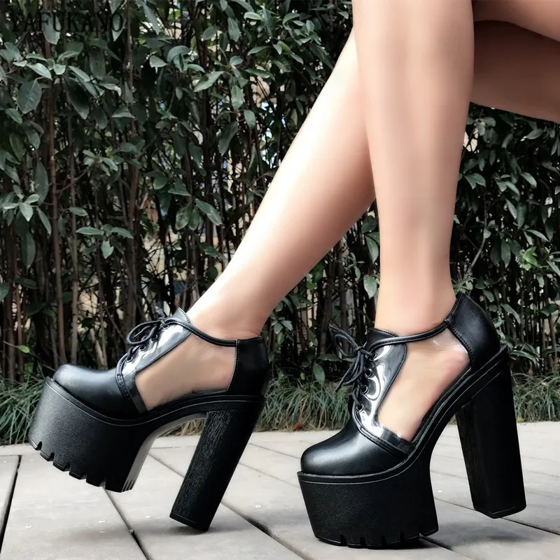 Пикантные прозрачные женские туфли лодочки на высоком квадратном каблуке 14 см