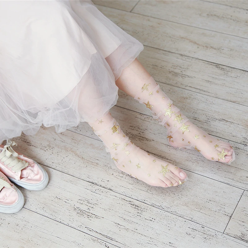 Блестящие тюлевые носки со звездами женские тонкие прозрачные длинные в