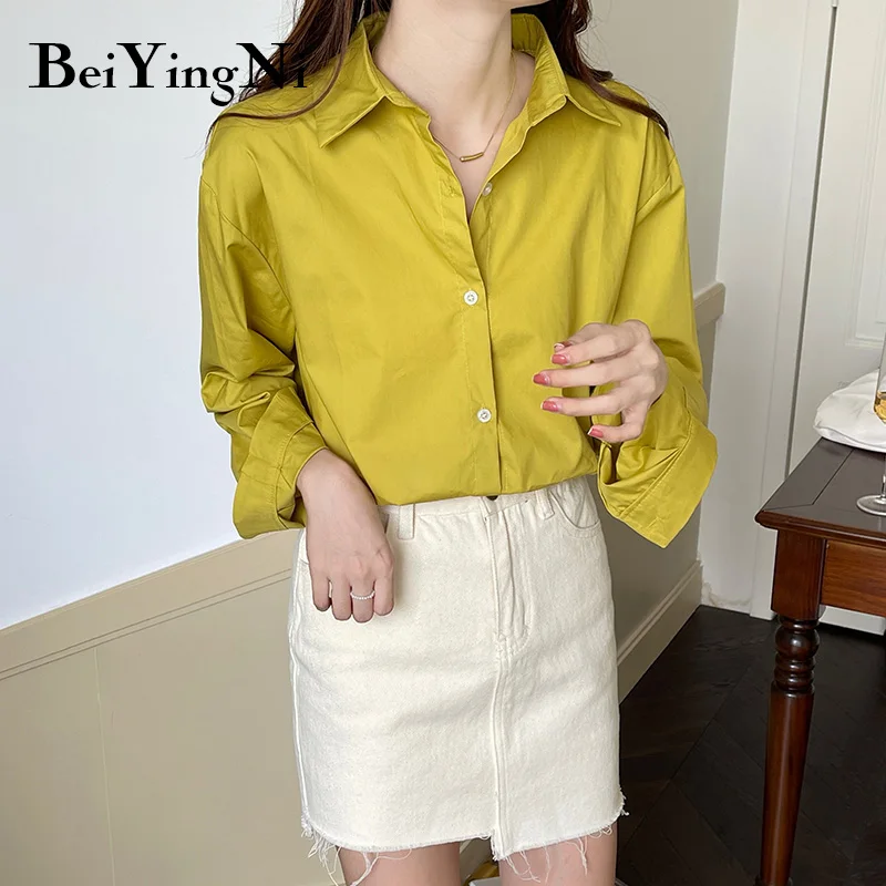

Beiyingni Long Sleeve Shirts for Womens Blue Buttons Vintage Oversized Tops Female Blusas Solid Retro Preppy Blouses Clothing