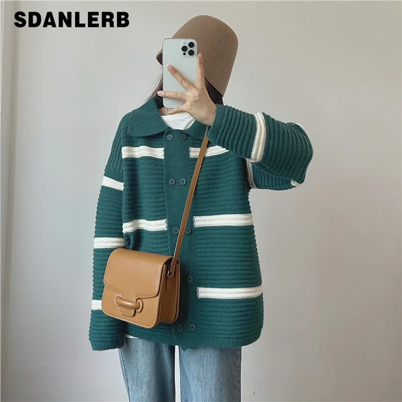 

Autumn/Winter Striped Contrast Color Knitted Coat Loose Lapels Double-Breasted Casual Sweater Cardigan Women's Thickened Coat
