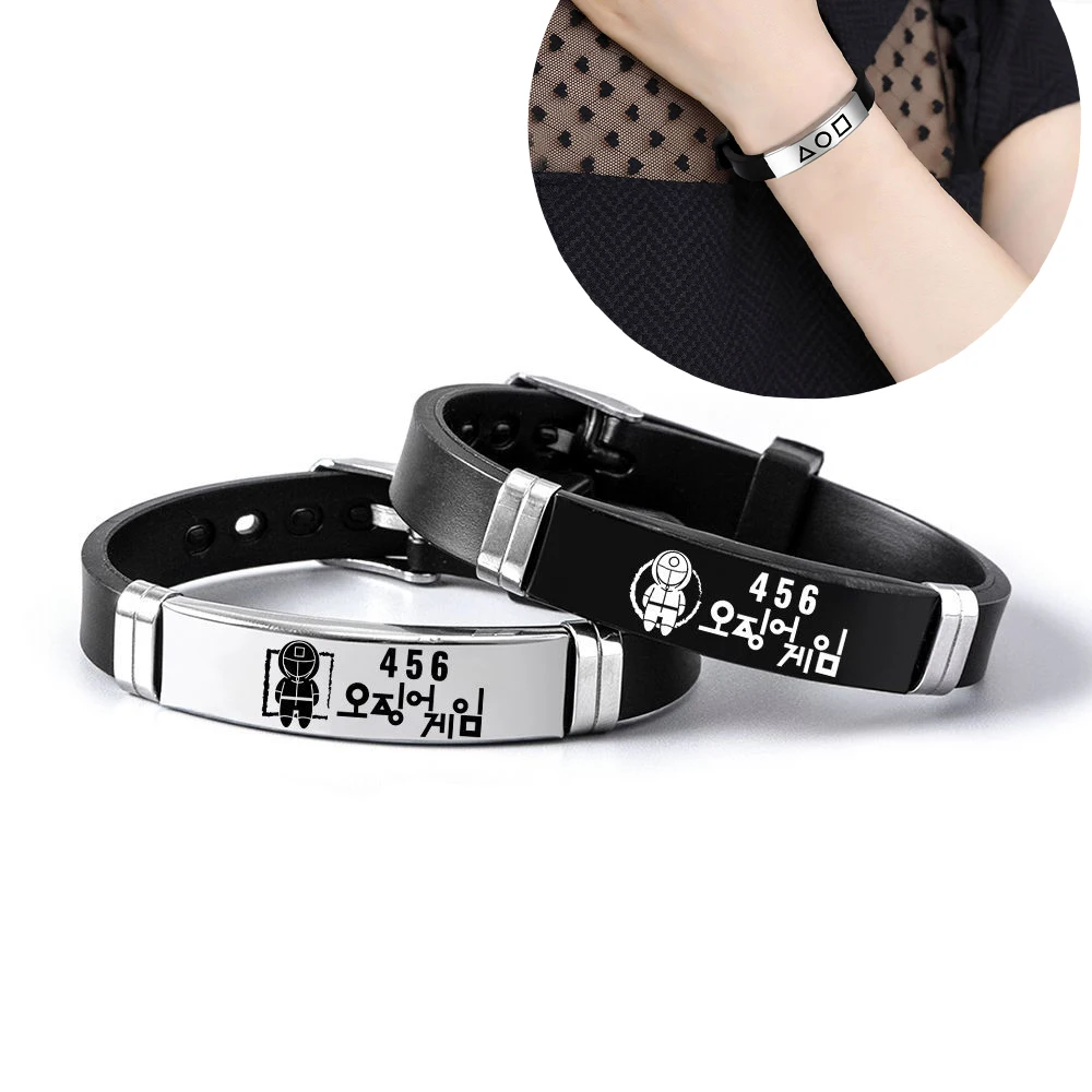 

Korea Fashion Squid Game Couple Bracelet for Men Women Black Silicone Stainless Steel Watch Band Bracelet Ins 오징어 게임