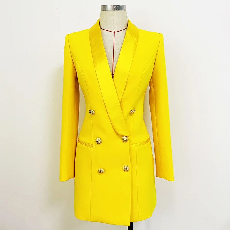 HIGH QUALITY Newest 2022 Designer Long Blazer Lion Buttons Double Breasted Satin Shawl Collar Blazer Dress Fluorescent Yellow