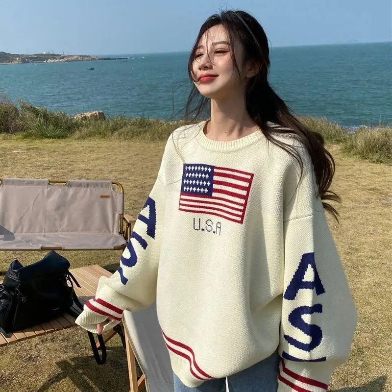 

Cool American Tops Oversize Women High Street Knitting Sweater Tops Autumn Pullover Loose Harajuku Kawaii White Teens Sweater