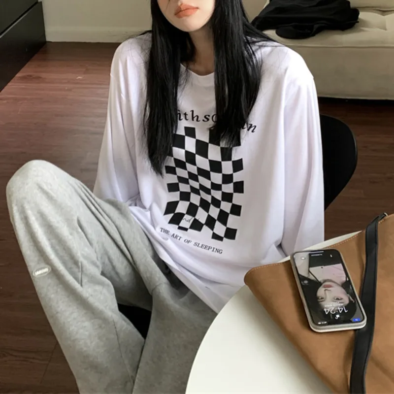 

Топ с шахматным принтом и круглым вырезом, осенне-зимняя рубашка средней длины, свободная тонкая женская футболка с длинным рукавом
