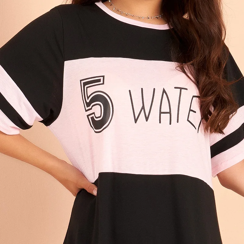 

2021 New Summer Midi Dress Women Black Round Neck Half Sleeve Letter Printing Casual Loose Vestidos Clothing With Free Shipping