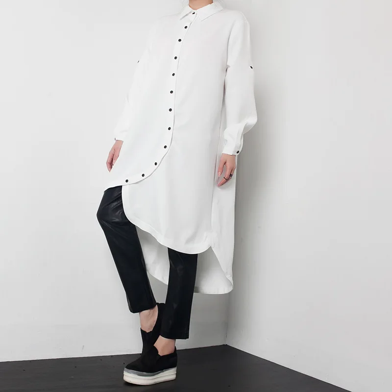 

Spring Autumn Shirt Dress Women's Mid-length Long-sleeved White Hong Kong Style Hem Asymmetrical Tide Vestido De Mujer