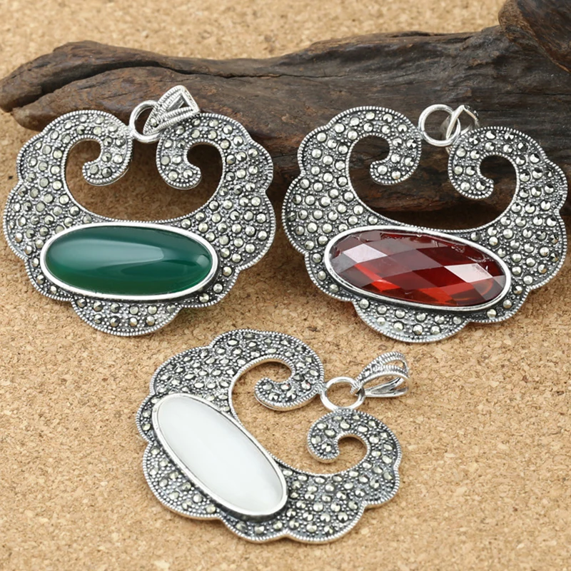 S925 Sterling Silver Vintage Mosaic Shape Opal Green Agate Garnet Necklace Pendant DIY Fashion Jewelry Accessories Wholesale