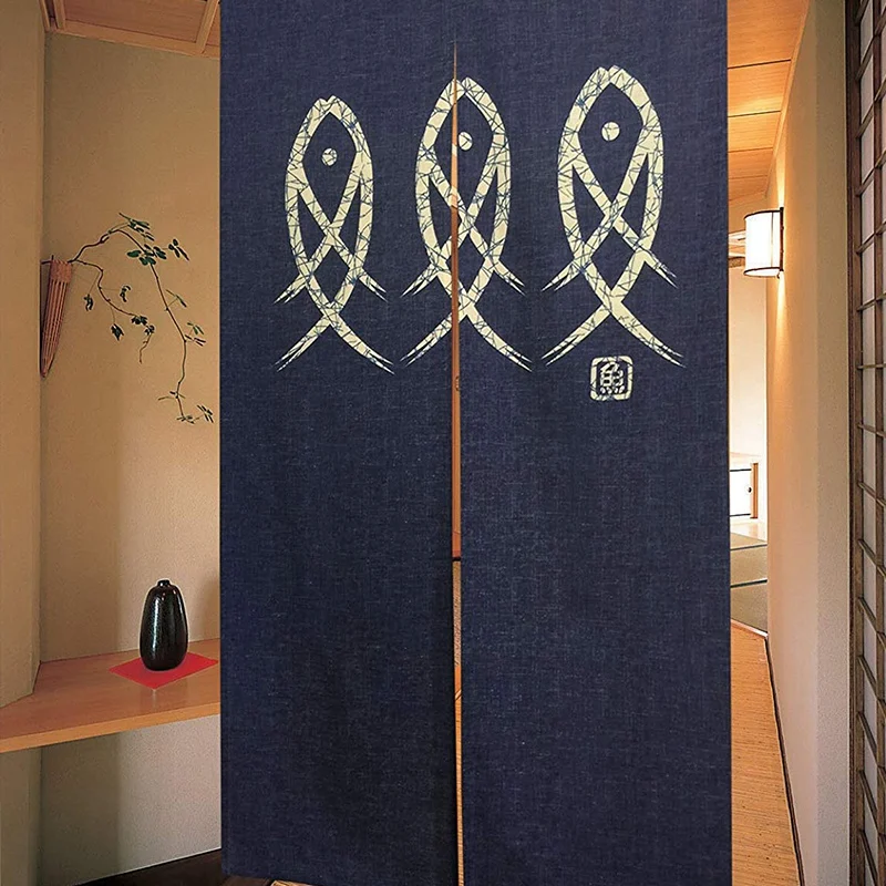 Японский Норен Дверной проем Шторы старинный символьный гобелен с изображением рыб для украшения дома синий 33X59Inch от AliExpress WW