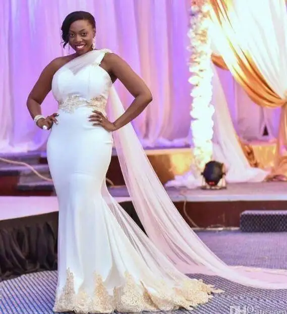

South African Wedding Dresses Mermaid One-shoulder Satin Appliques Lace Nigeria Vestido De Noiva Bridal Wedding Gown