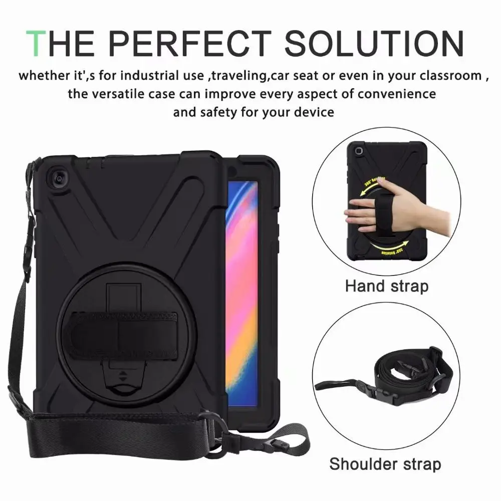 

New 360 Degre back Case For Samsung Galaxy Tab A 8.0 P200 P205 2019 Tablet Kids Silicone Hard Cover +Neck Strap & Hand Strap