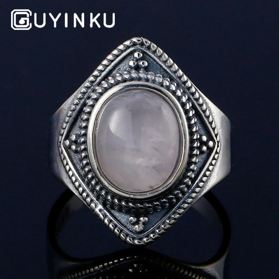 GUYINKU кольцо с овальным натуральным розовым кварцем, элегантное винтажное 925 пробы Серебряное ювелирное изделие, тайское серебро для женщин, вечерние ювелирные изделия