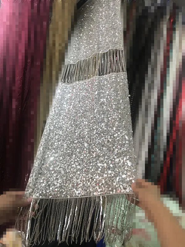 

Luxury fringel tessel J-108888 embroidered lace fabric with beads wedding dress lace fabric