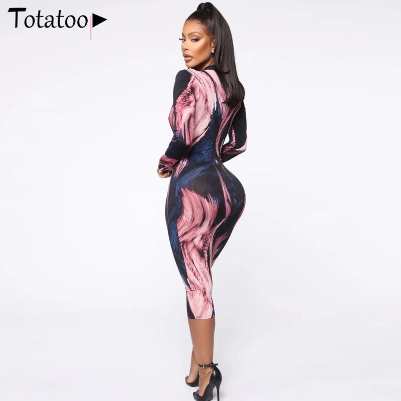 

Totatoop Tie Dry Print Deep V Neck Long Sleeve Party Dress Sheath Sexy Women Summer Dress Long Causal Bodycon Midi Dress Female