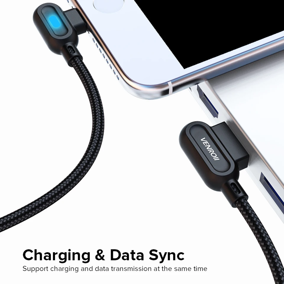 Venroii 1 м 2 м usb type C кабель светодиодный провод для быстрой зарядки для samsung huawei Xiaomi Andriod 90 градусов зарядное устройство для мобильного телефона