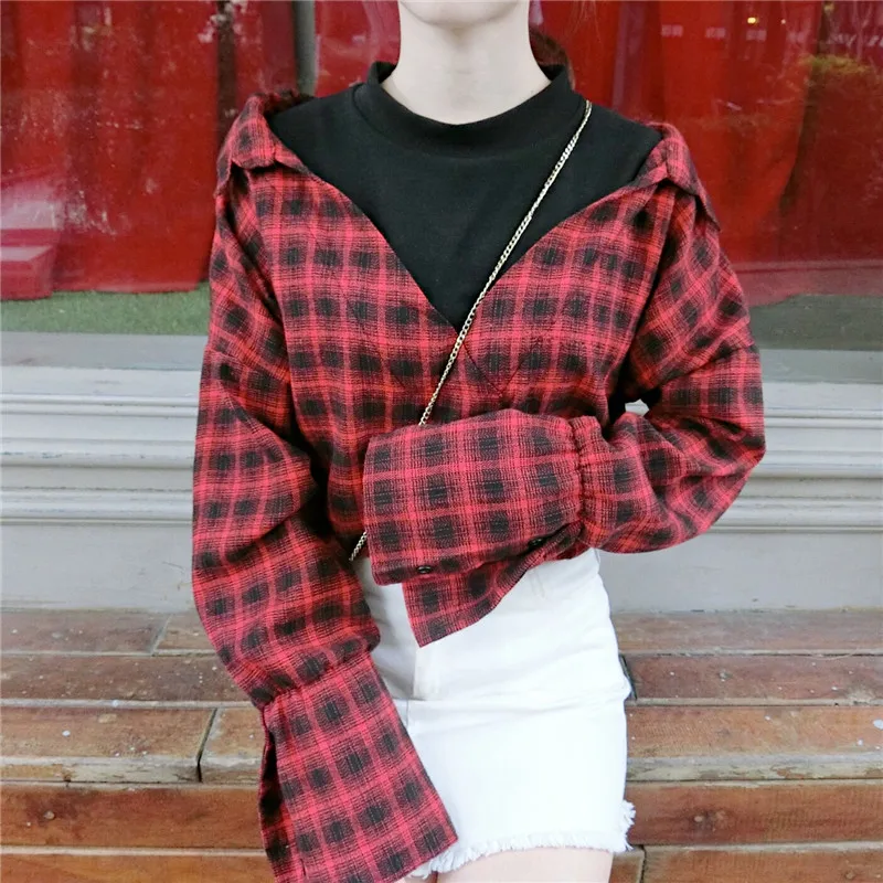 

striped plaid Fake two pieces casual loose ladies tops long sleeve o-neck new fashion brand autumn preppy style shirts woman