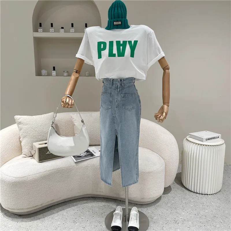 

Women's Spring Summer 2021 Niche Design Fashion High Waist Thin Split Retro Mid Length Denim Skirt