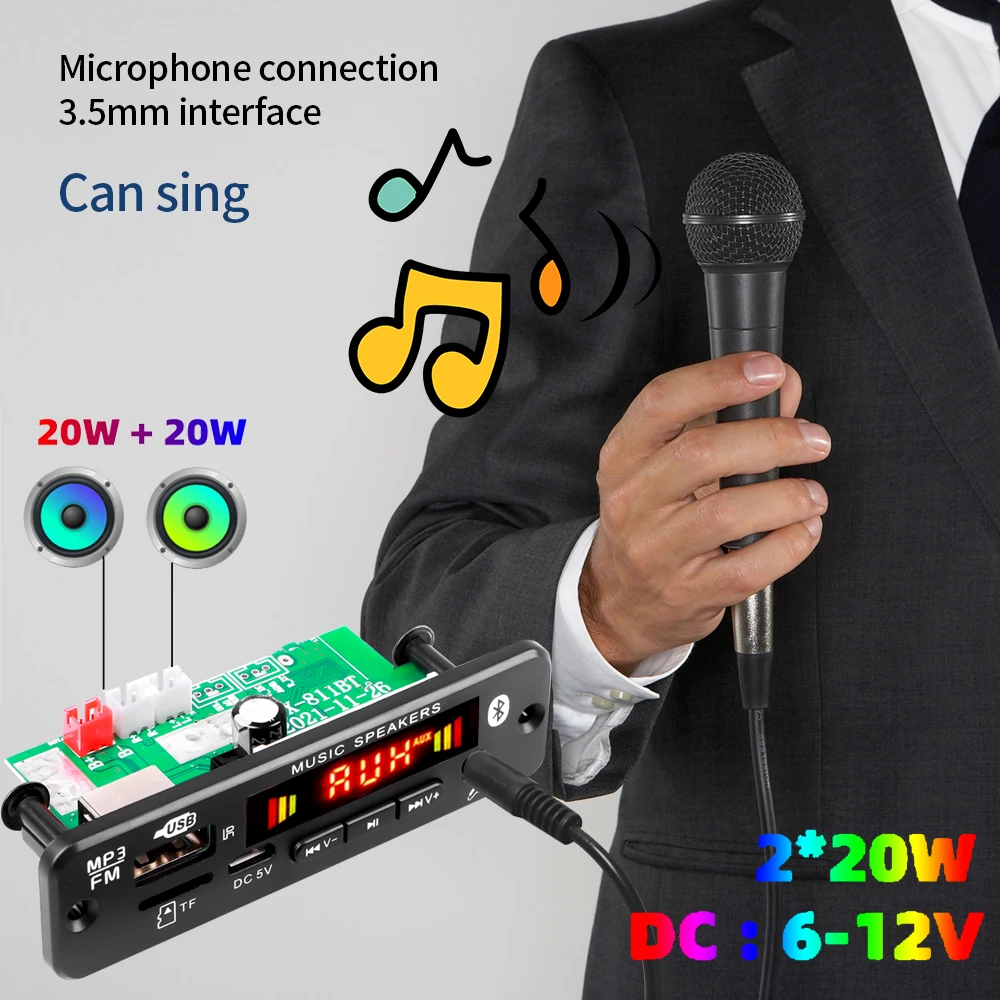 2*20 Вт усилитель Bluetooth5.0 MP3-плеер декодер плата 6 в 12 В автомобильный FM-радиомодуль