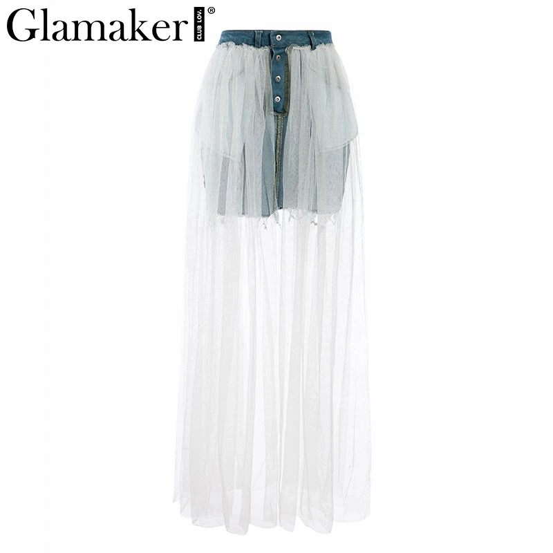 Glamaker, сетчатая прозрачная Джинсовая юбка в стиле пэчворк, сексуальная летняя белая юбка на пуговицах с высокой талией, женская уличная джинсовая юбка на пуговицах