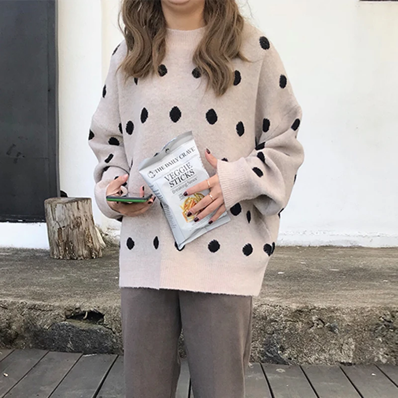 BGTEEVER Chic Polka Dots Print O-neck Women Knitted Sweaters 2019 Winter Oversize Full Sleeve Casual Female Pullover Jumpers | Женская