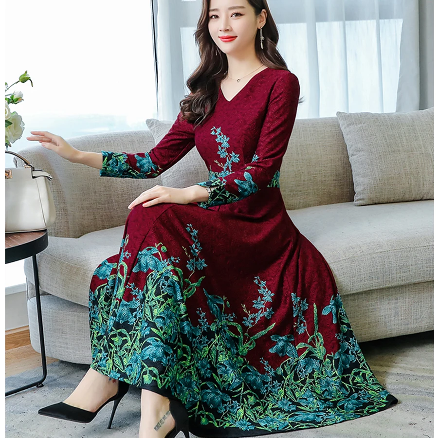 2019 винтажные красные платья макси с цветочным принтом Осень Зима Новое 3XL плюс