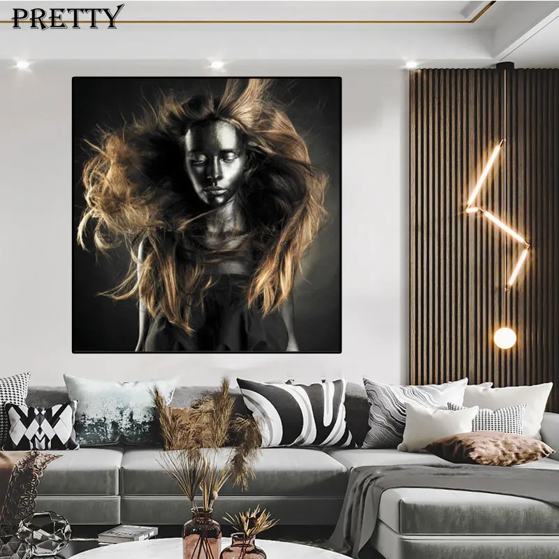 

African Black Woman Canvas Painting Living Room Long Hair Woman Posters and Prints Wall Art Pictures Aesthetic Room Decor