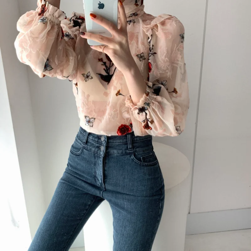 Корейский женский цветочный принт JMPRS Весенняя полупрозрачная женская блузка с