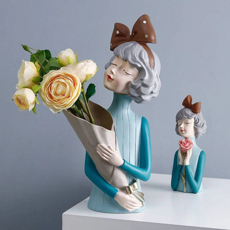 

Cute Resin Bouquet Girl Ornaments Figurine Sculpture Statue Gifts Living Room Cabinet Flower Vase Arrangement Modern Home Decor
