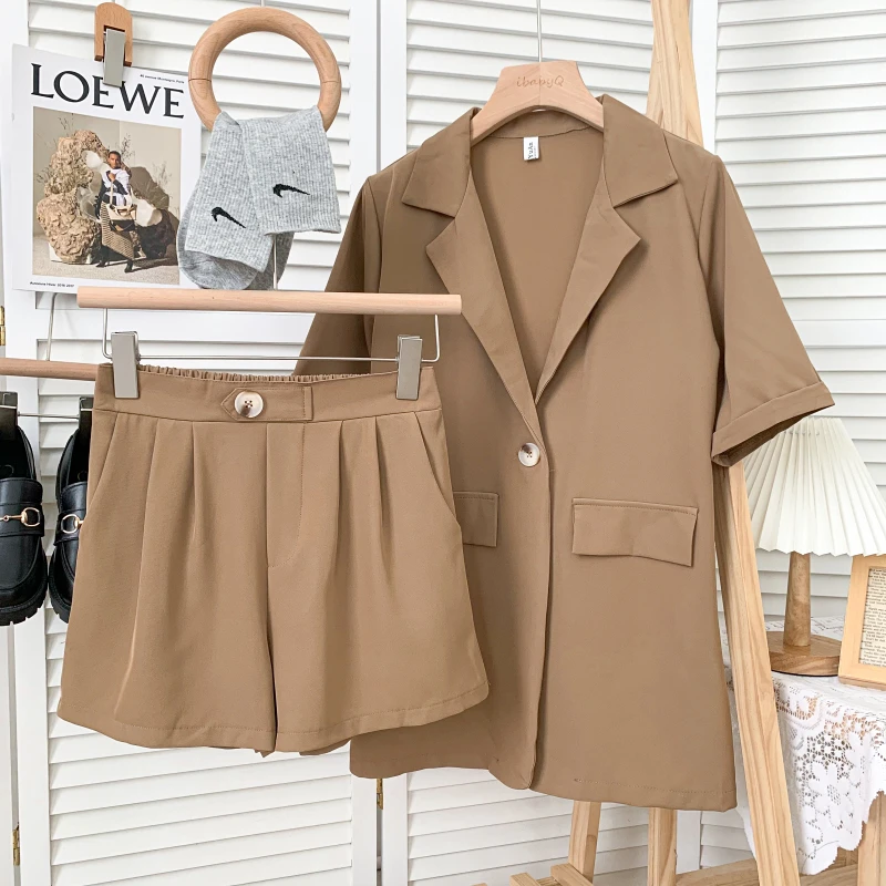 

2021 summer vintage two piece sets women notched short-sleeve Blazer top + high waist wide-leg pants shorts outfits woman suits