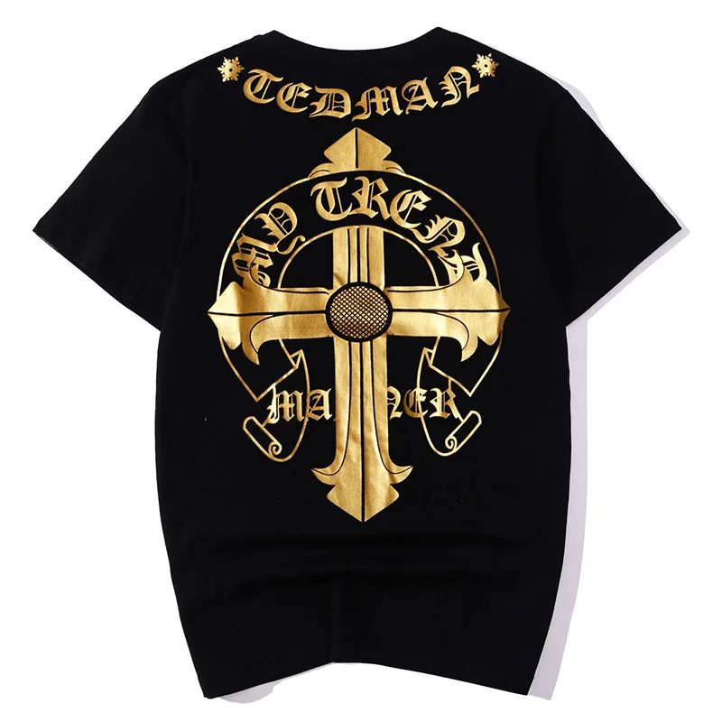 

2021Summer New Man Hip Hop Oversized Cotton Short Sleeve Sporting Tshirt Fashion Bronzing Cross Print Mens Black T Shirt Poleras