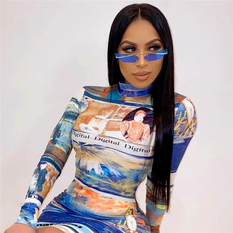 

Women Fashion Digital Print Bodycon Dress Turtleneck Full Sleeve Dress Fashion Slim Dress Night Club Party Bandage Bodycon Dress