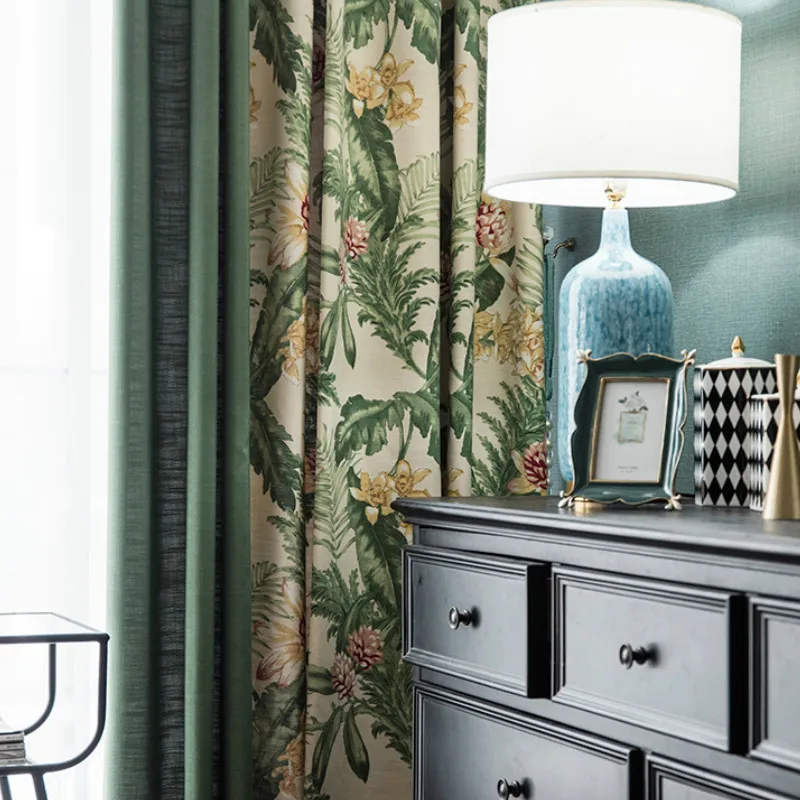 

American Luxury Curtains for Living Room Bedroom Pastoral Cotton Linen Curtain Plants Leaves Printed White Sheer Curtains