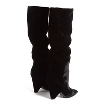black velvet pointed toe wedges heel and knee high boots large size spring and autumn fashion womens shoes