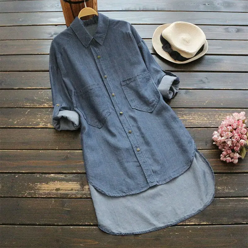 

Womens Long Sleeve Irregular Denim Midi Dress Long Shirt Tee Blouse Baggy Tops