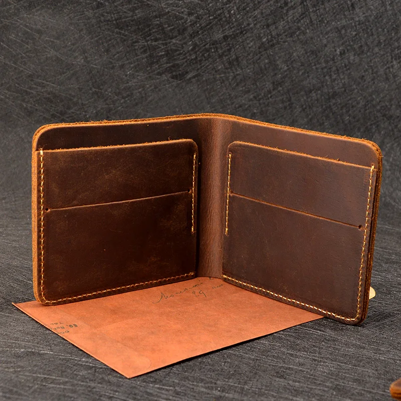 

Crazy Horse Leather Men Wallets Retro Handmade Small Purse Top Cow Leather Brand Designer Minimalist Wallet Portomonee