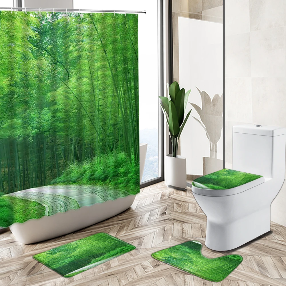 Comprare Green Leaf Bamboo Forest Landscape Set Di Tende Per Doccia Primavera Pianta Scenario Bagno Vasca Da Bagno Antiscivolo Piedistallo Tappeto Copriwater
