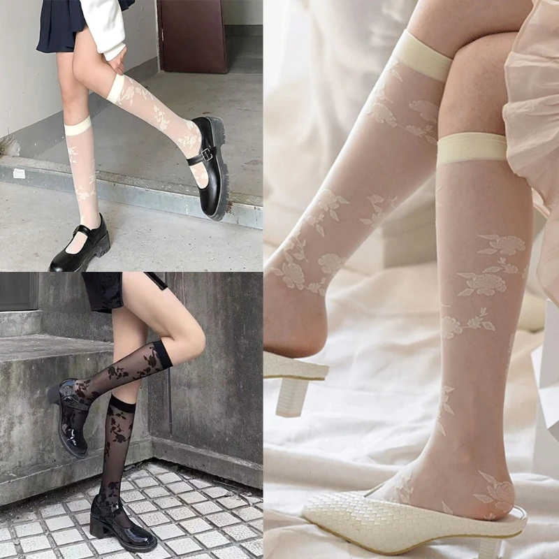 

Милые тонкие дышащие носки Q6PB с цветочным рисунком, вышитые чулки для женщин