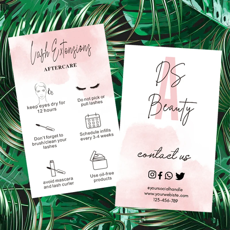 

Custom Eyelashes Care Card DIY Lash Extensions Aftercare Cards, Lashes Care Guide Pink Watercolor