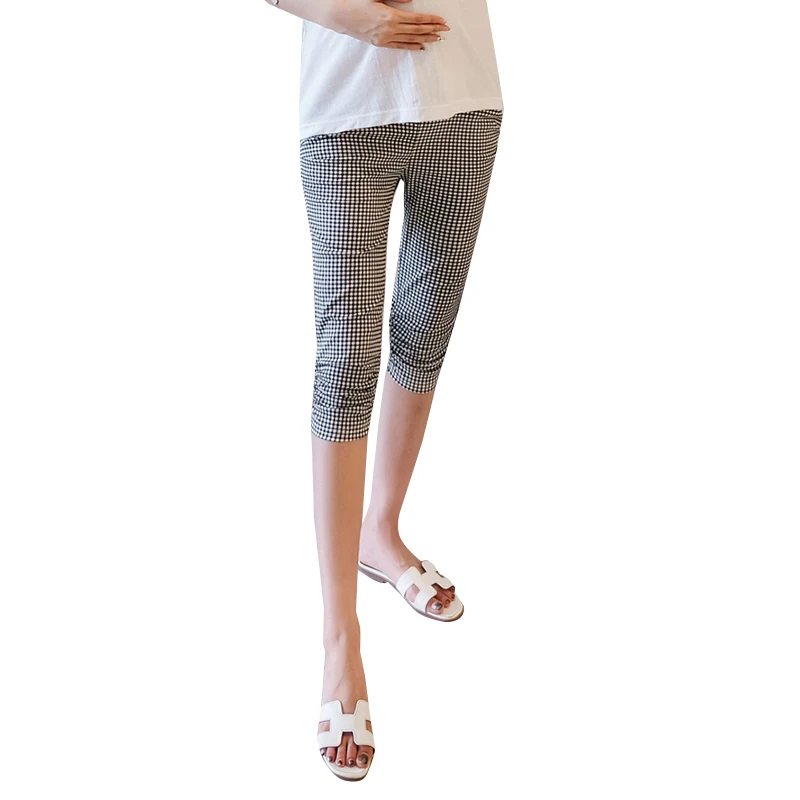 

New Summer Maternity Pants Pregnant Cropped Trousers Grid Thin Skinny Pants