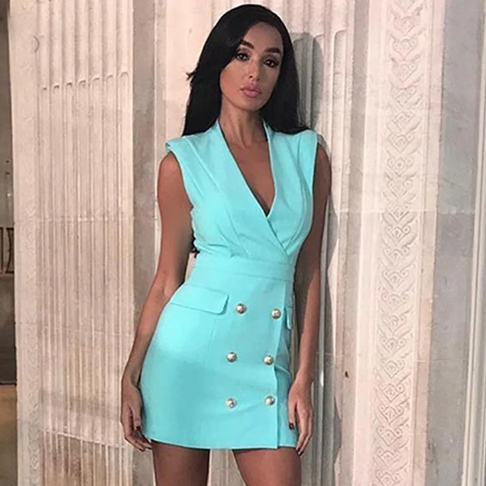 Женское двубортное мини платье облегающее без рукавов с V образным вырезом