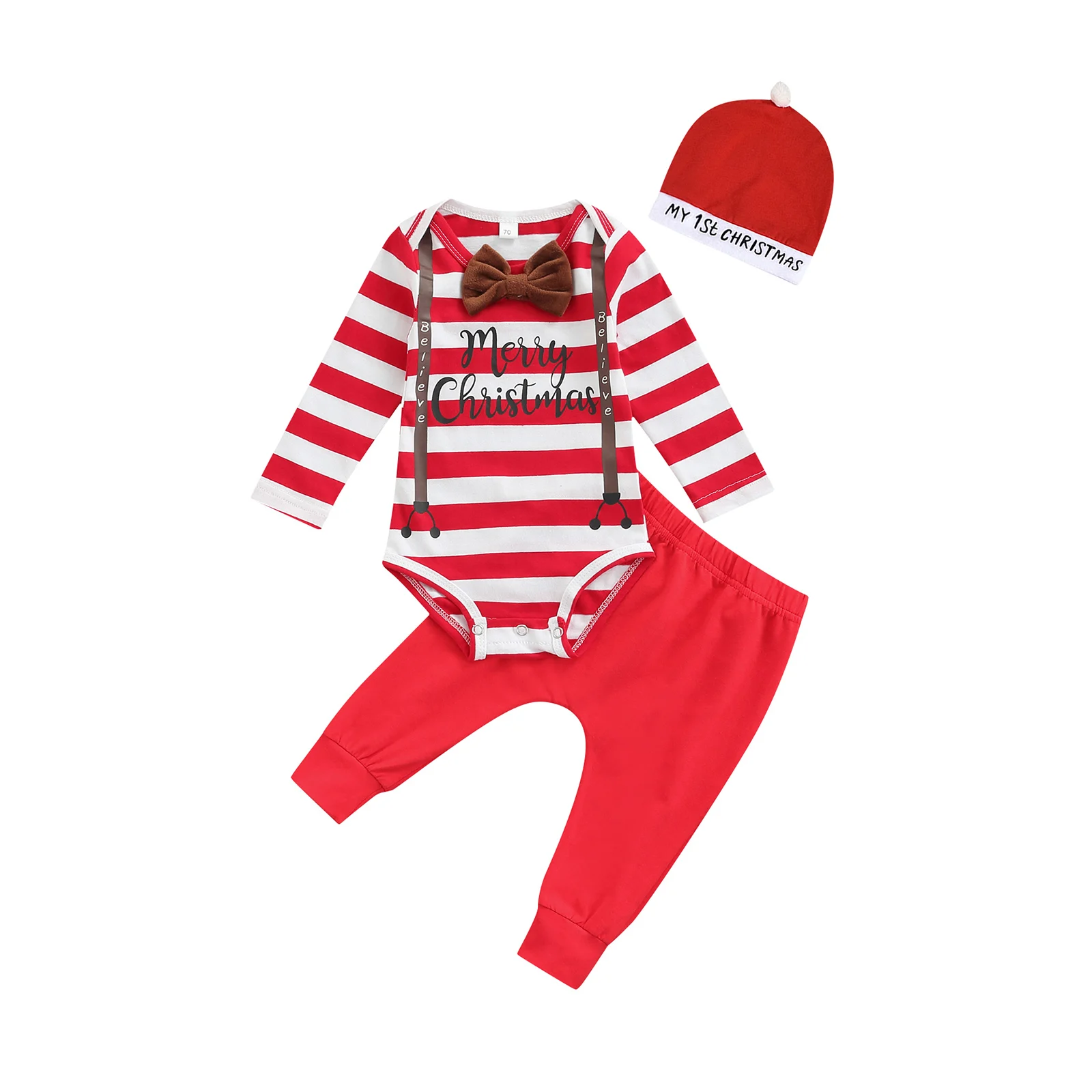 

Baby Suit Set, Letter Stripe Print Round Neck Long Sleeve Romper+ Solid Color Long Pants+ Hat for Spring Fall 2021 New Fashion