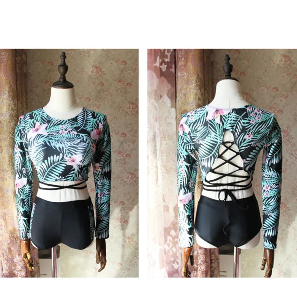 

Women Green Leaves Print Two Piece Suits Swimwear Beach Tankini Bikini Set Surfing Diving Swimsuit Long Sleeve Bathing Suit