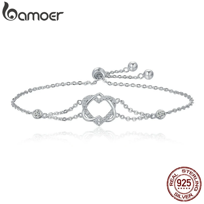 BAMOER, подлинный 925 пробы, серебряный, скрученный, двойное сердце, в сердце, цепь, браслеты для женщин, подлинное серебро, ювелирное изделие, подарок SCB022