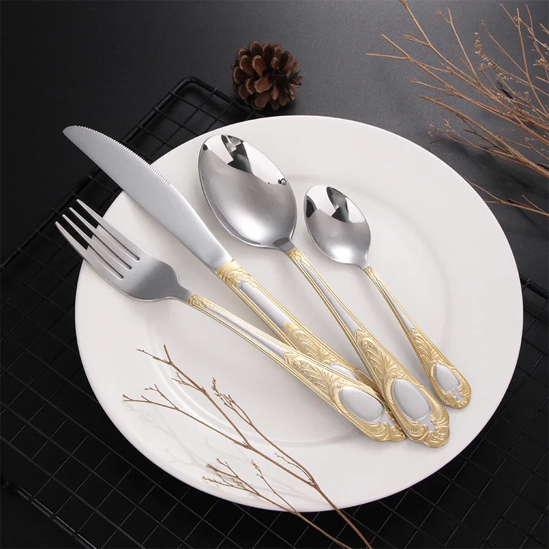 

Four piece set of stainless steel cutlery, fork and spoon silverware set spoon set dinner set