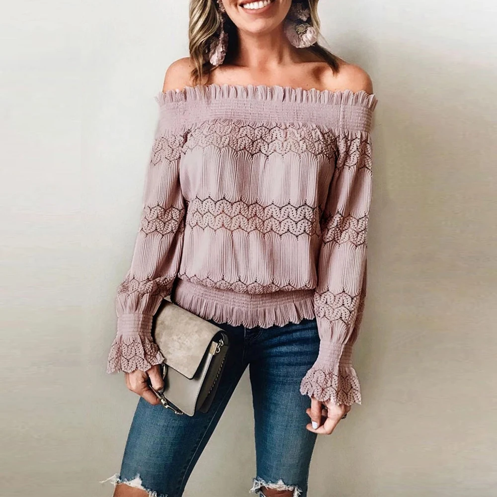 

Женская кружевная блузка с оборками, Элегантная блузка с открытыми плечами и рукавами-фонариками, Осень-зима 2020