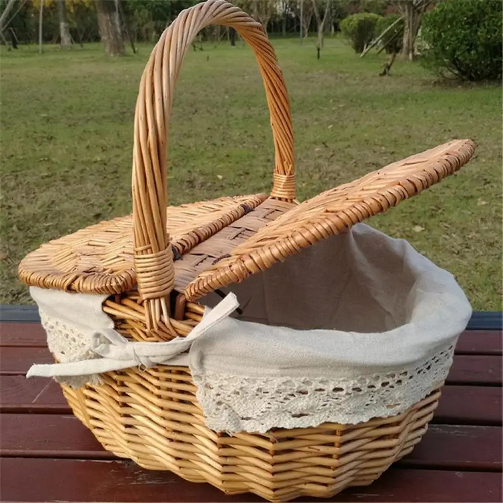 

Wicker Willow Woven Picnic Basket Hamper as Shopping Bag with Lid and Handle Camping Picnic Shopping Food Fruit Picnic Basket
