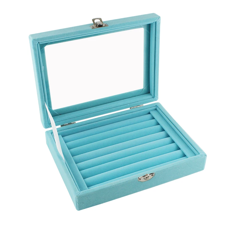 new 7 booths velvet blue carrying case with lock glass cover jewelry ring display box tray holder storage box organizer 2020 hot free global shipping