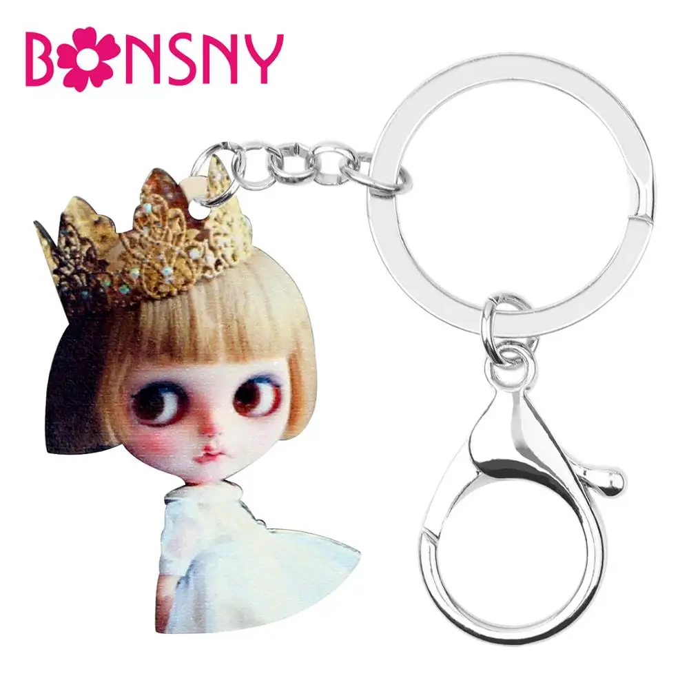 Bonsny акриловые милые короткие золотые волосы корона девочка кукла брелок кольца